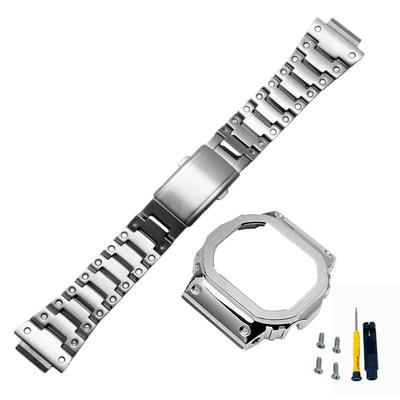 Modifiziertes Metall-Edelstahl-Uhrenarmband für kleine quadratische [syzynicy] GM-5600 DW5600/5610 (Silbernes Set, DW5610)