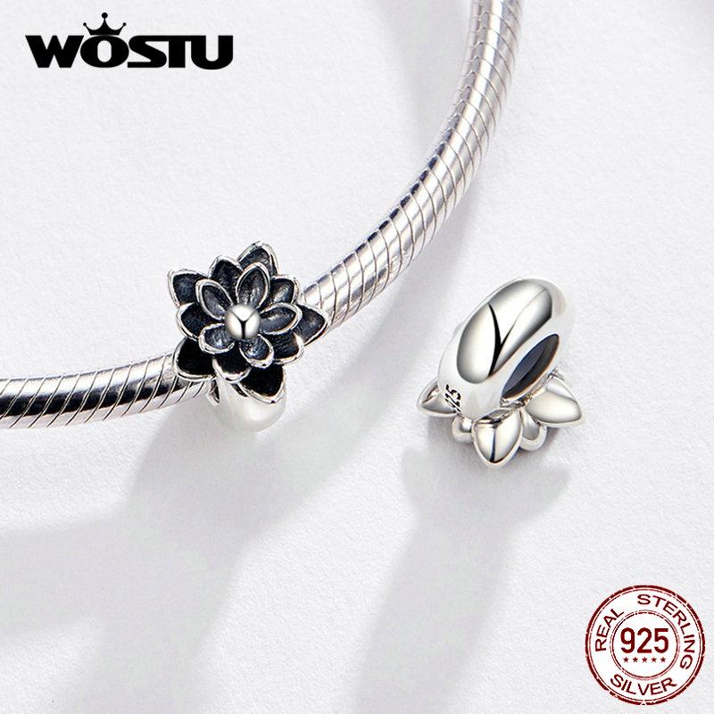 WOSTU Klassiske Lotus Blomsterperler 925 Sterling Sølv Svart Emalje Fit Originalt gjør-det-selv-armbånd