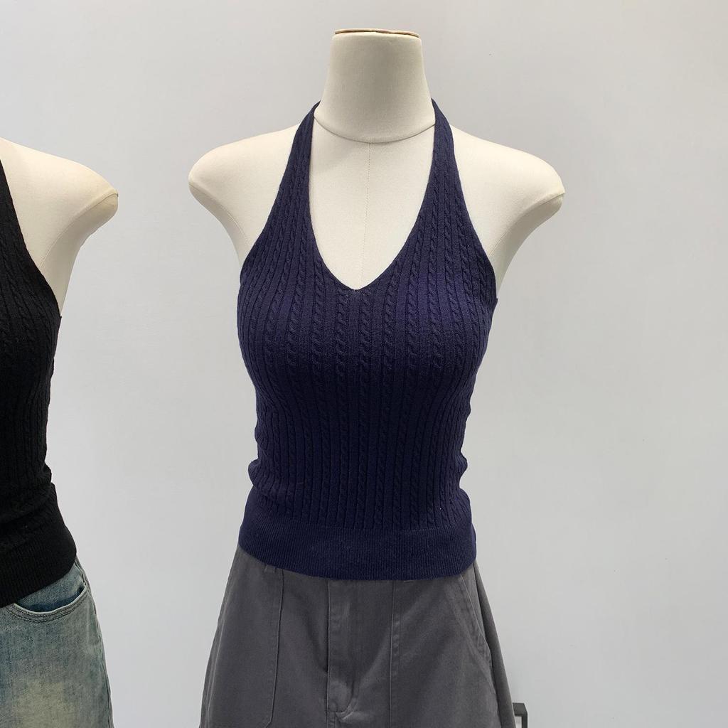 Pure Desire V-Neck Halter Knit Camisole - Slim Fit Open Back Summer Top for Women