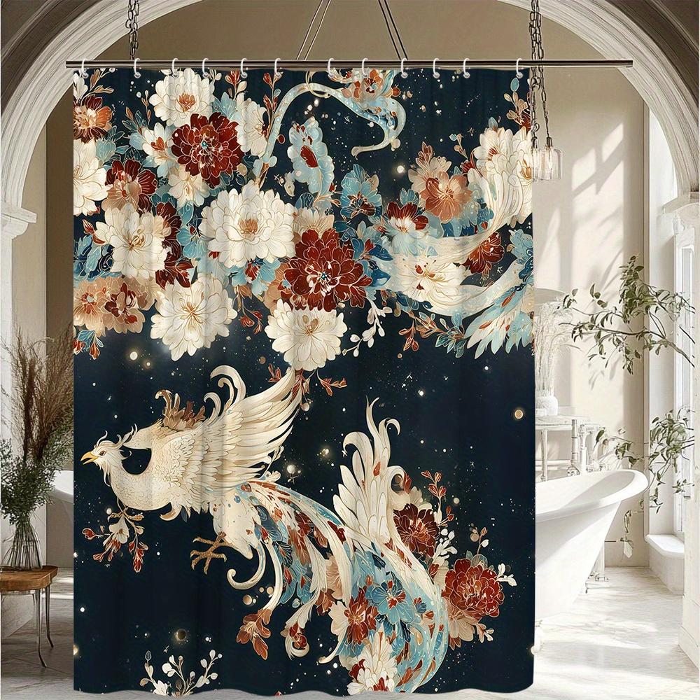1pc Crane and Floral Pattern Shower Curtain, Comfortable Bathroom Decor, Polyester Fabric with 12 Hooks, 70. 8x70. 8 Inches