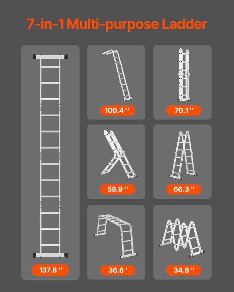 Échelle Pliante Polyvalente 7-en-1 3 Marches Hauteur d'Atteinte 12 pieds pour le Travail