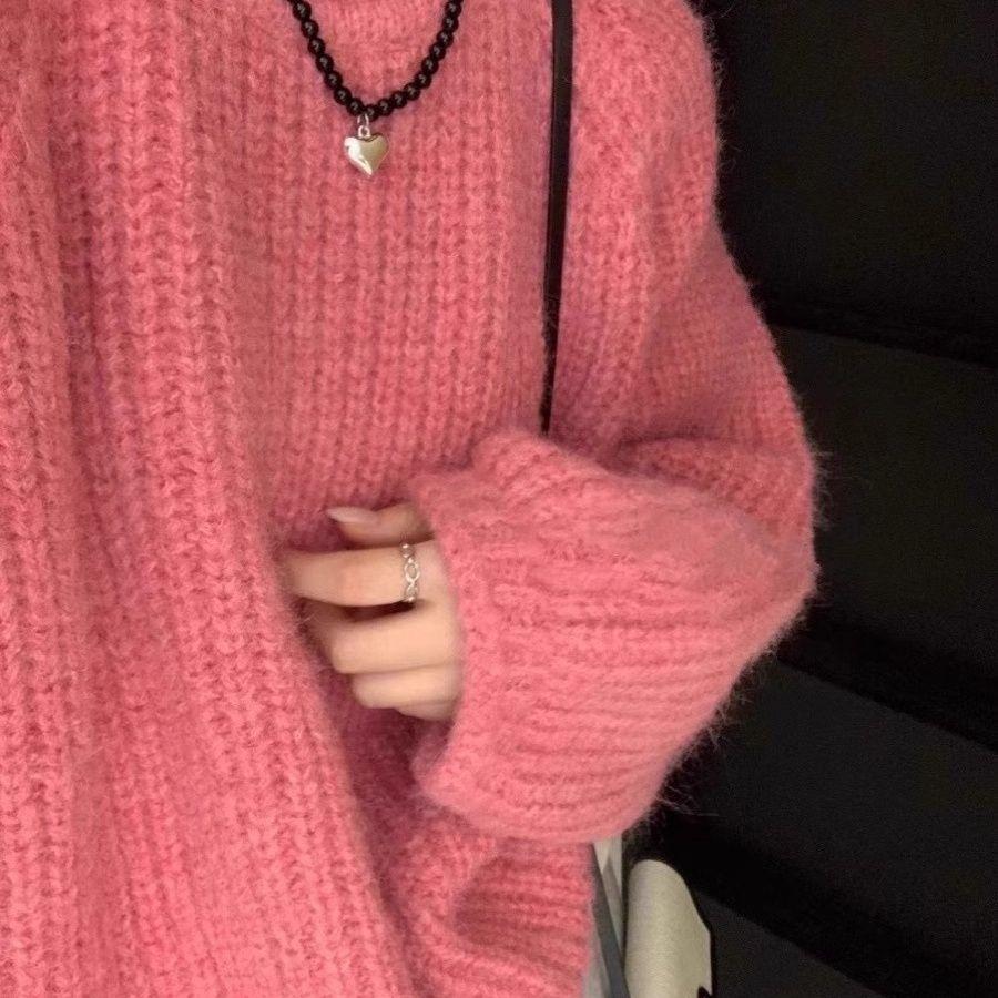 Autumn Winter Women's Cream Yellow Sweater Loose Slimming Lazy Style Outer Wear Knit Crew Neck Pullover Top