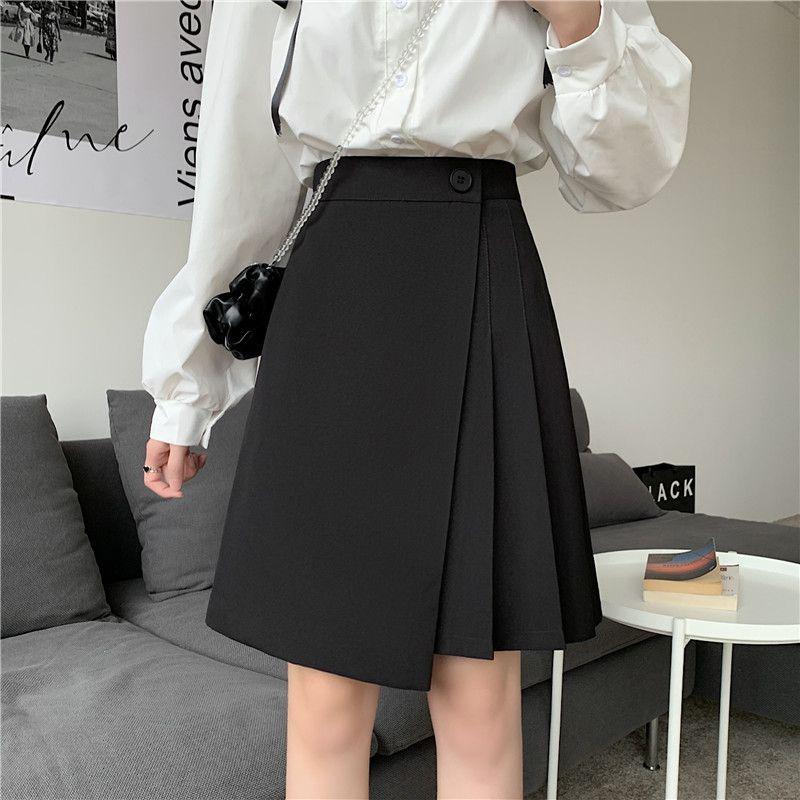 2025 Autumn/Winter Plus Size High-Waist Slimming Hip-Cover Mid-Length Irregular Pleated A-Line Skirt M чёрный