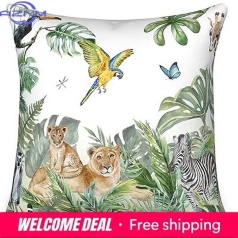 Tropical Green Leaf Pillowcase Animal Print Pillowcase Giraffe Zebra Cushion Cover