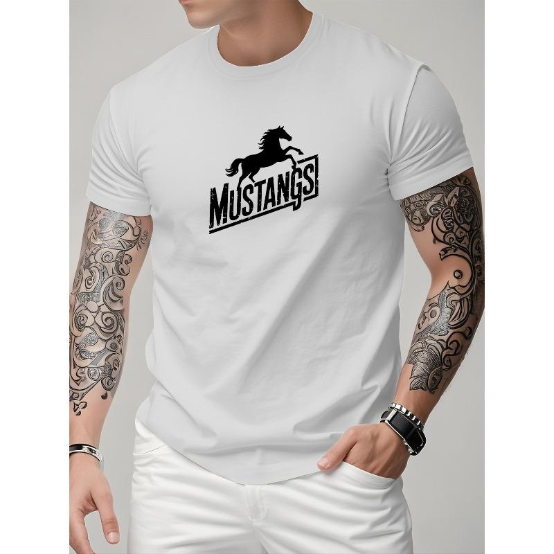 European Size Men's Casual Sporty Fashion Short-sleeve T-shirt with a Creative MUSTANGS Graphic Print, Featuring Stretchy and Comfortable Fabric