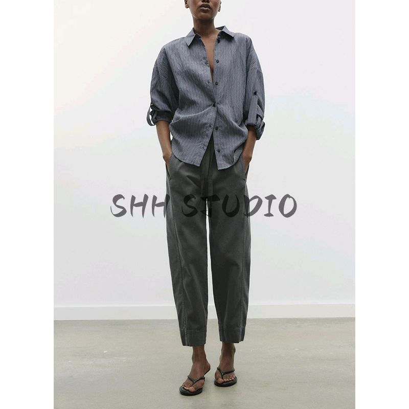 Spring and Summer New Women's Clothing Straight-leg Pocket Decoration Elastic Waist Cotton Plaid High Waist Pants 8372049