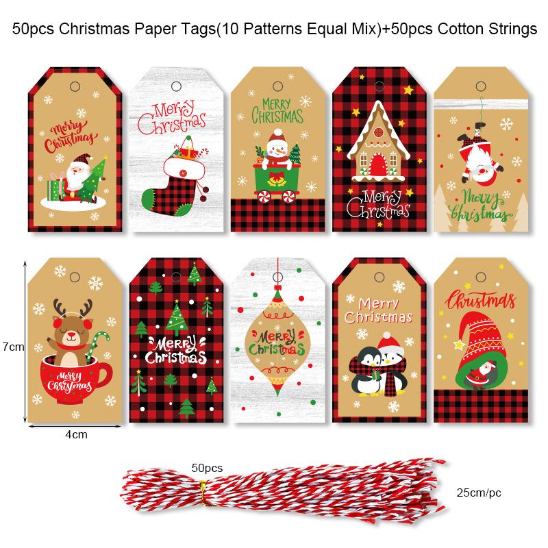 50Pcs Christmas Brown Kraft Paper Gift Tags with Jute And Baker Rope for DIY Xmas Holiday Present Wrap Stamp Navidad Decoration