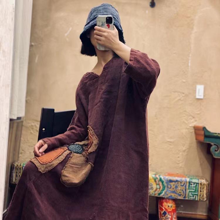 Rochie largă din in, brodată cu fulgi de zăpadă roșii Zen, vintage (1998)