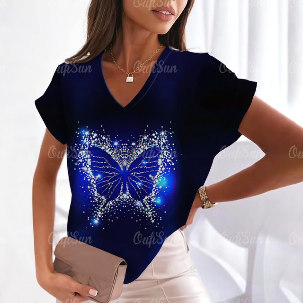 

Лето 2024, женская футболка с принтом бабочки, топы с короткими рукавами для женщин, футболка большого размера, женские футболки с v-образным вырезом 8XL