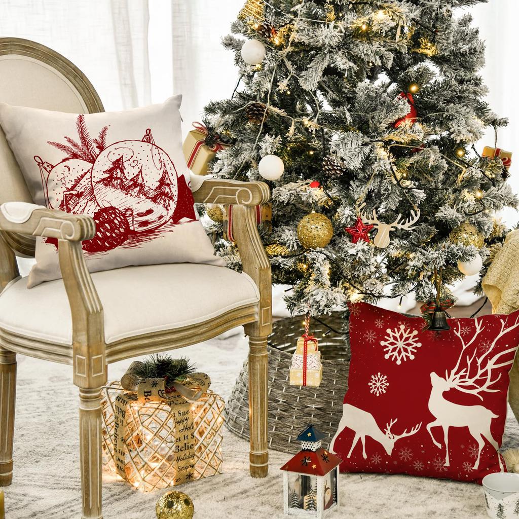 1/4pcs Christmas Pillow Cover, Elderly, Snowflake, Tree Printed Cushion Cover, Christmas Decoration (without Pillow Core)