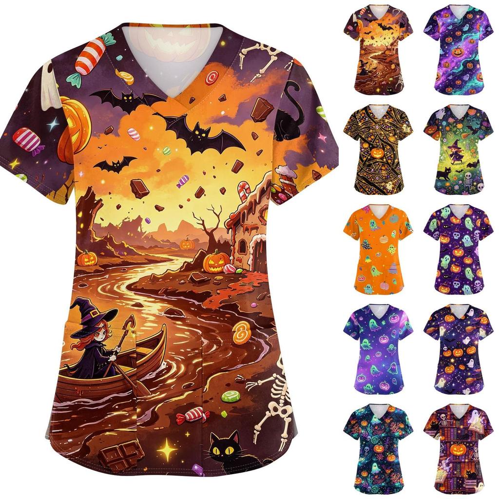 Women V Neck Short Sleeve Halloween Print Scrub Top with Pockets for Healthcare Work Uniforms Comfortable Fit