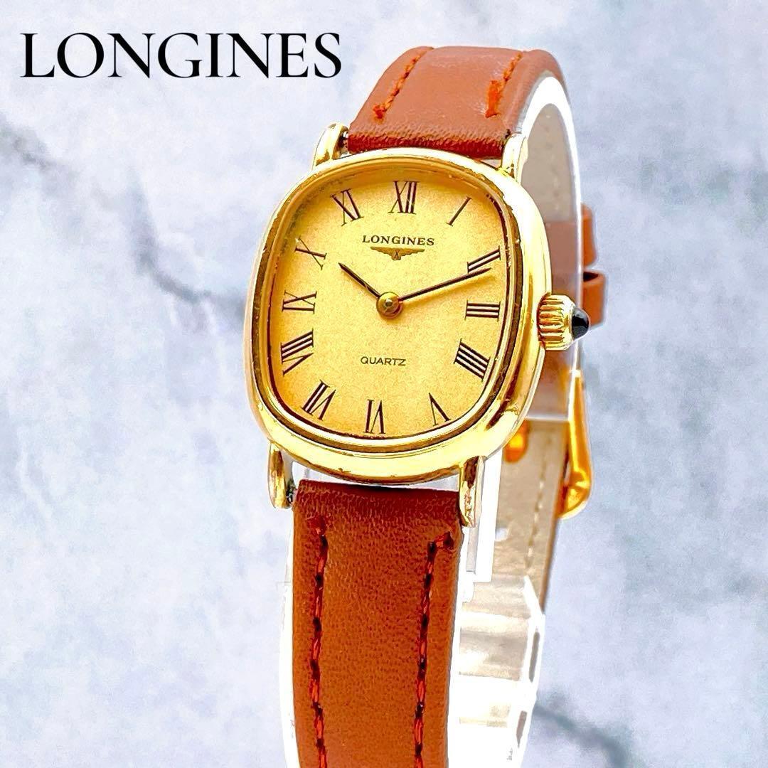 Used Working LONGINES Quartz Watch Ladies New Belt Brown Square Longines Vintage Brown Gold Roman