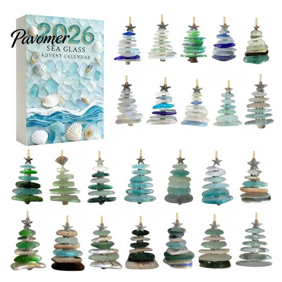 Ornamenti a Tema Oceanico Calendario dell'Avvento di Natale in Vetro Marino, Scatola Conto alla Rovescia di 24 Giorni con Accessori Decorativi Stagionali Ornamenti per Albero in Acrilico,