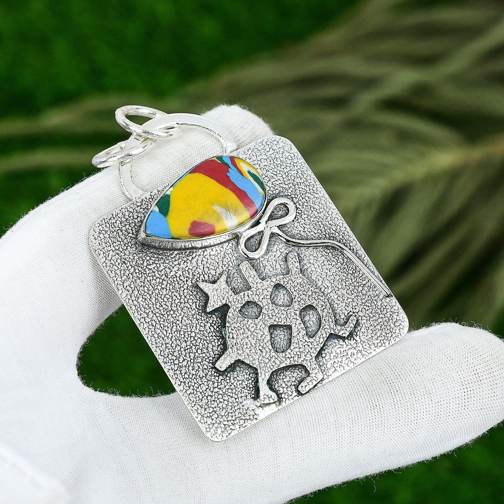 Friendship Day Deal Pear Natural Mosaic Balloon Jasper 925 Silver Bezel Pendant