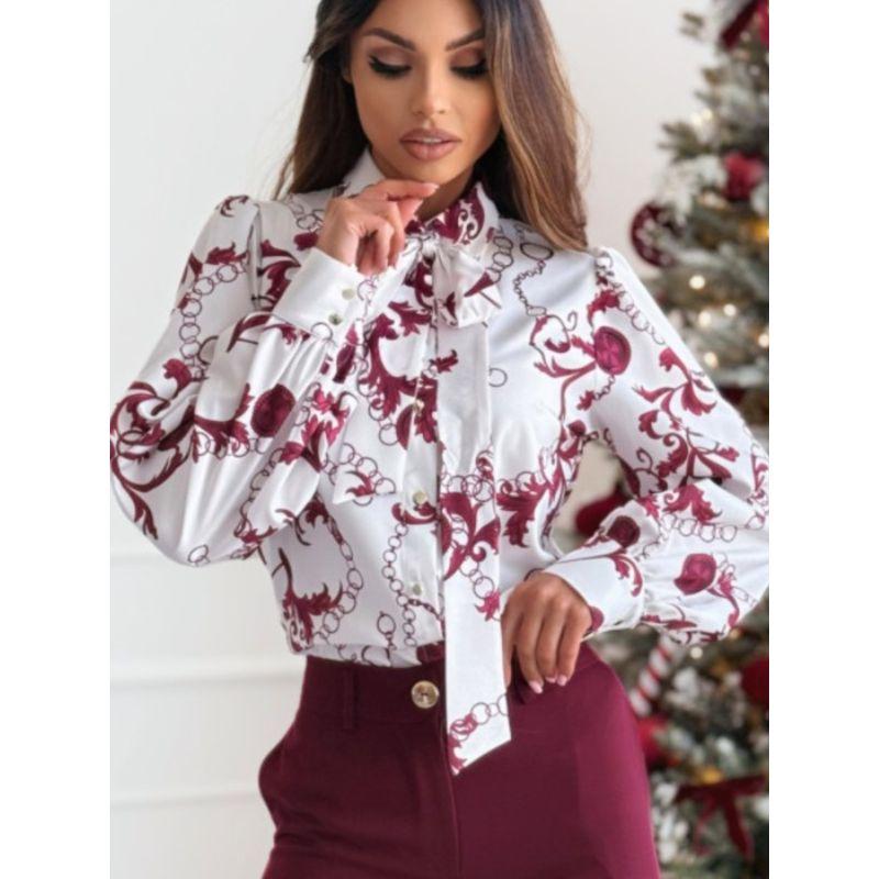 Sweet Spring New Arrival Fashion European and American Style Work Clothing Print Single-Breasted Lace up Bows Long Sleeve Shirt Top Women