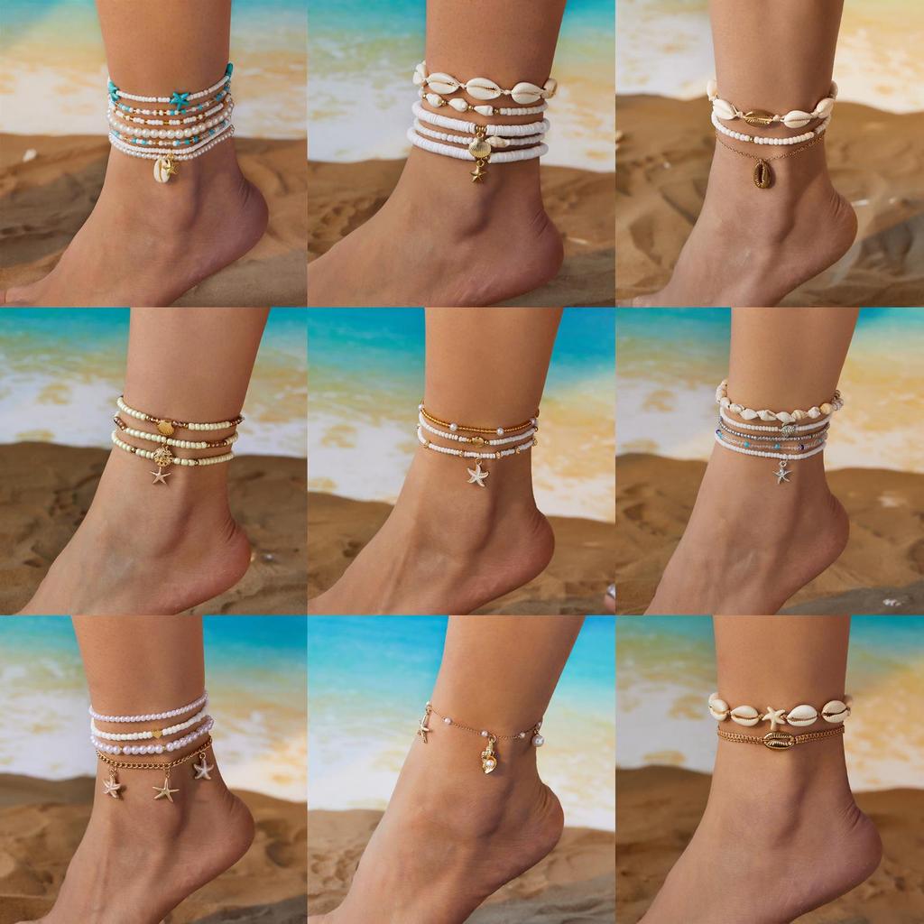 Bohemian Multilayer Rice Bead & Shell Anklet Set