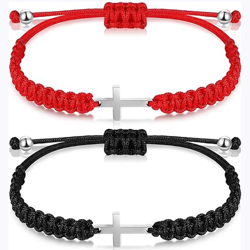 2 Pieces Friendship Cross Bracelet Black String Rope Braided Bracelet Cross Handmade Matching Couple Bracelets for Women Men