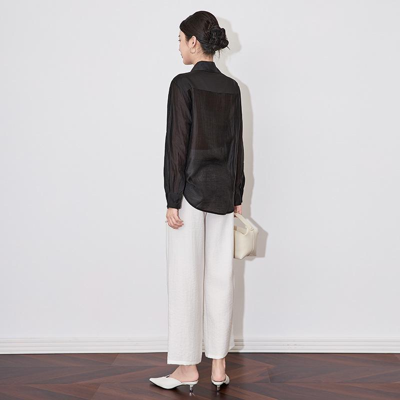 Elegant Women's Tencel Cotton Sequin Embroidery Long Sleeve Shirt with Lapel Design - Spring Collection