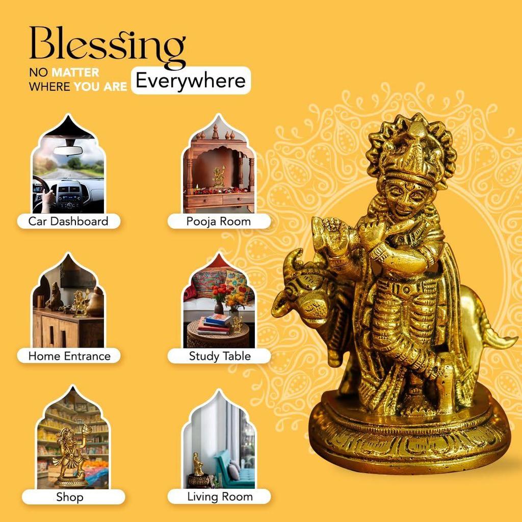Pure Brass Lord Krishna Idol with Flute (9 cm) | Shree Lord Krishna Statue for Home Decor | Kanha Ji ki Murti for Office Desk