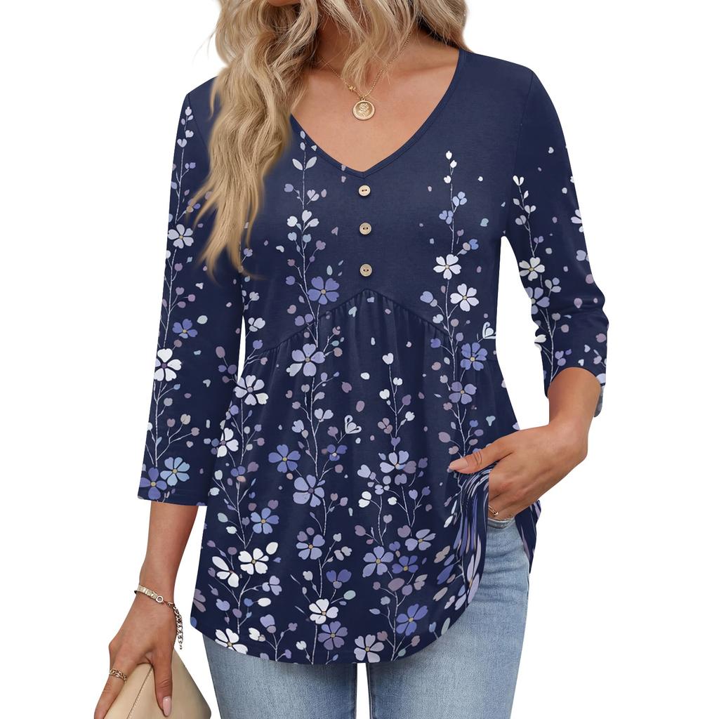 Womens 3/4 Sleeve V Neck Button Detail Floral Print Tunic Top Lightweight Casual Shirt