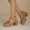Damen Sommer Neue Einfarbige Riemen-High-Heel-Sandalen mit Blockabsatz und Rundem Zehen