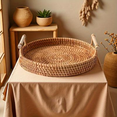 Handmade Rattan Round Tray with Double Handles -Perfect for Serving Tea, Fruits, Bread & Snacks,Ideal for Kitchen & Dining Decor