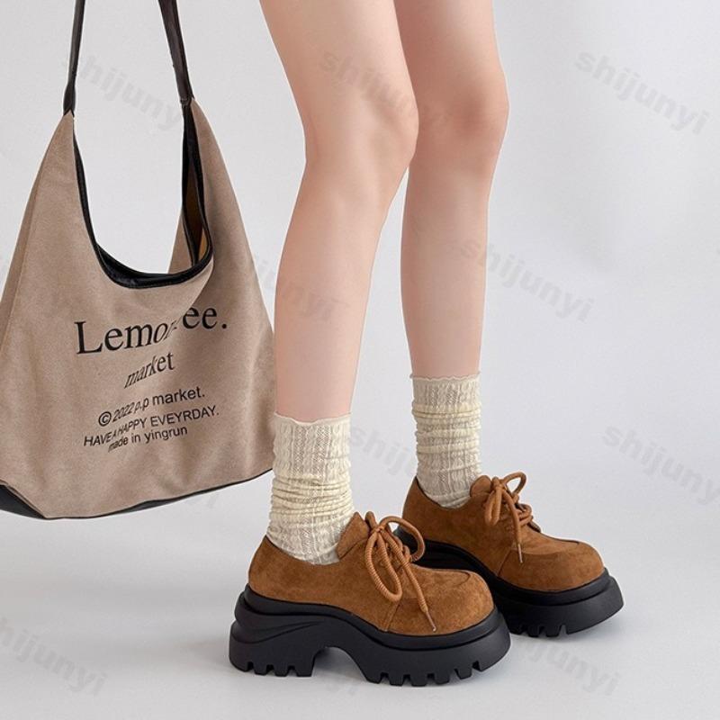 Retro Solid Low Top Thick Soled Lace Up Single Shoes for Women's  Autumn New Fashion Versatile Comfortable Platform Loafers