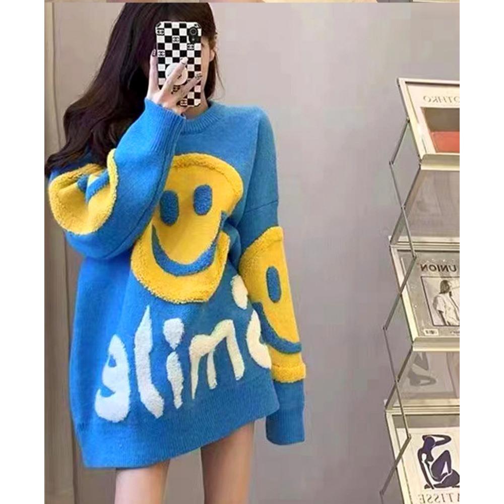 Japanischer Retro Dreidimensionaler Smiley Lockerer Pullover Damen 2025 Herbst- und Winterkleidung Fauler Weicher Wachsartiger Strickpullover auf Kleidung