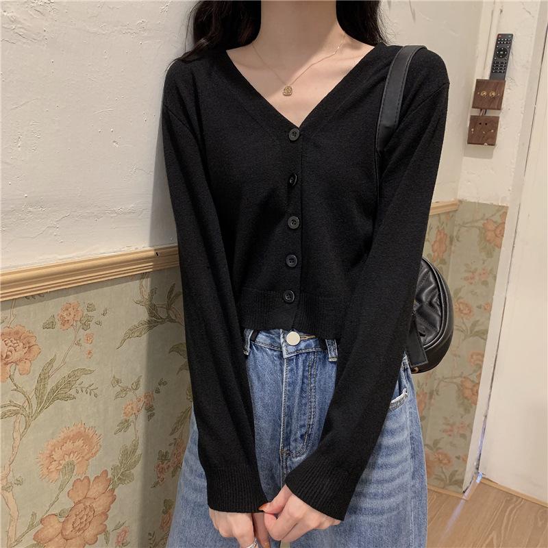 Korean Style Short V-neck Long Sleeve Thin Student Sweater for Women New Fashion Knitted Cardigan Coat Sweater