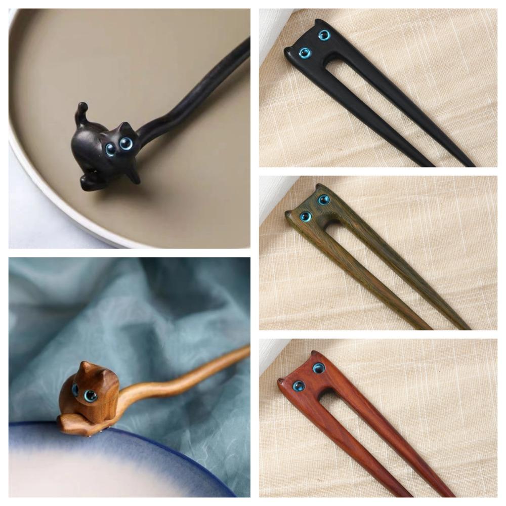 Headpiece Sandalwood Cat Hairpin Vintage Blackwood Kitty Hair Stick Unique   Hanfu Accessory