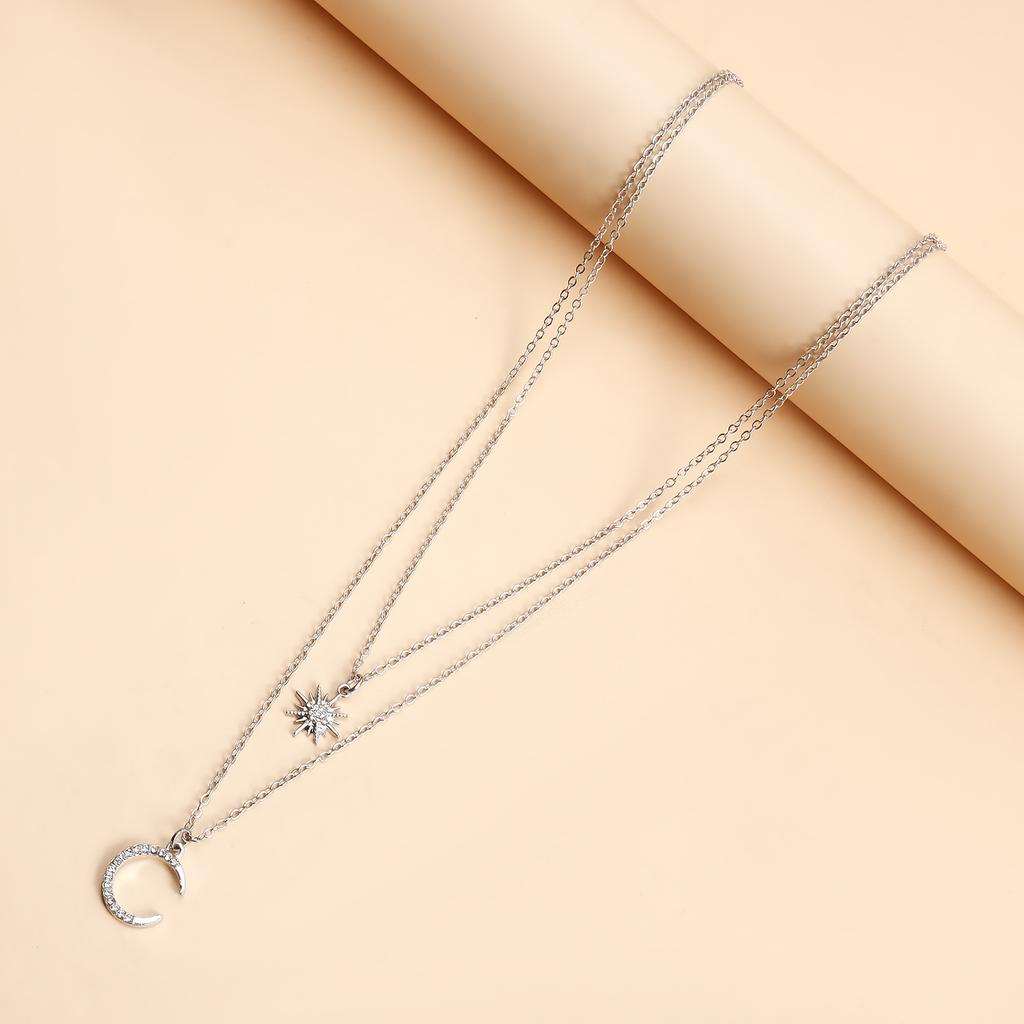 Jewelry, Double Stacked Diamond-Encrusted Sun And Moon Necklace, Wind Octagram Collarbone Chain Necklace