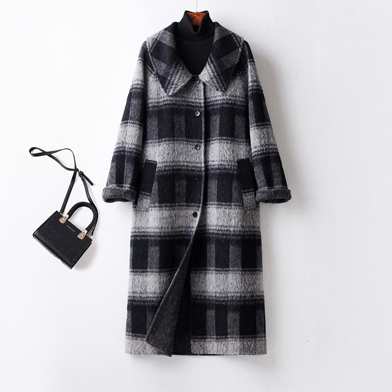 

Новое модное женское длинное шерстяное пальто большого размера свободного кроя ручной работы в клетку с двух сторон, утолщенное, для осени и зимы S