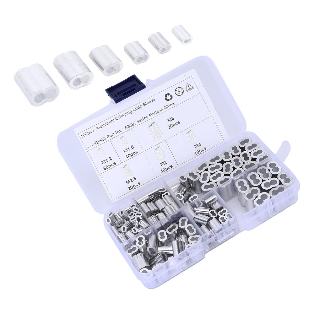 180pcs Universal Fit Aluminum Crimping Loop Sleeve Kit 6‑Size Wire Rope Cable Crimping Sleeve Kit Universal Application