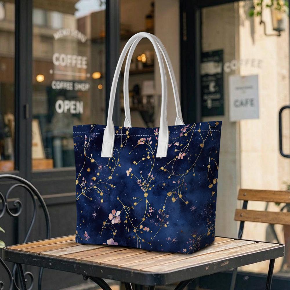 Elegant Navy Floral Shoulder Bag Fashion Casual Large Capacity Tote Bag for Women Daily Shopping Use