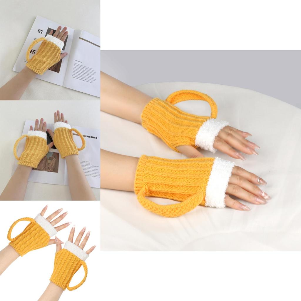 Unique 3d Design Yellow Fingerless Gloves For Winter Beer Lovers Cozy And Stylish