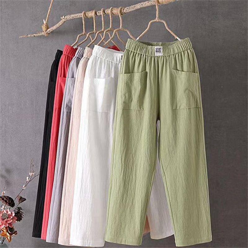 Women's Summer Cotton & Linen Slimming Straight-Leg Pants - Solid Color, Trendy & Versatile, Nine-Point Length