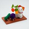 Obon Decoration: Cat Holding a Chinese Lantern, Spirit Horse, and Wooden Base, Rayon Chirimen Fabric