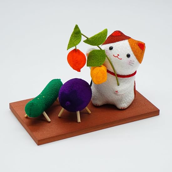 Obon Decoration: Cat Holding a Chinese Lantern, Spirit Horse, and Wooden Base, Rayon Chirimen Fabric