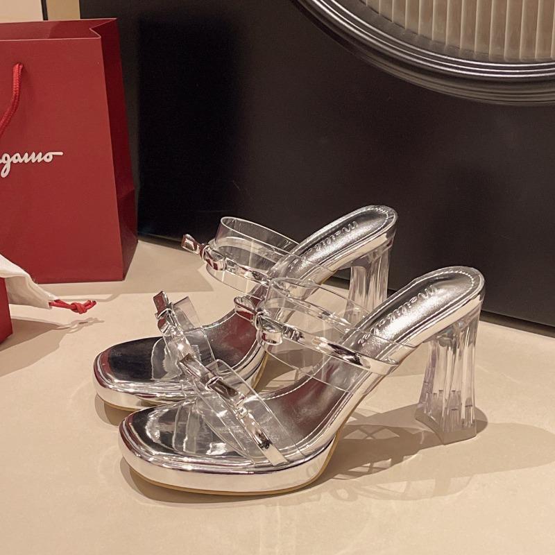 

Thick heel cool slippers women s summer wear new fashion bow transparent crystal high heels 39 серебряный