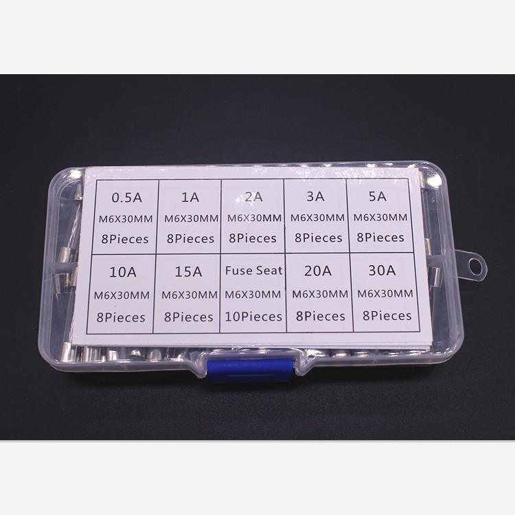72-Piece Glass Fuse Set: 6x30mm, 0.5A-30A, 9 Types, 8 Each