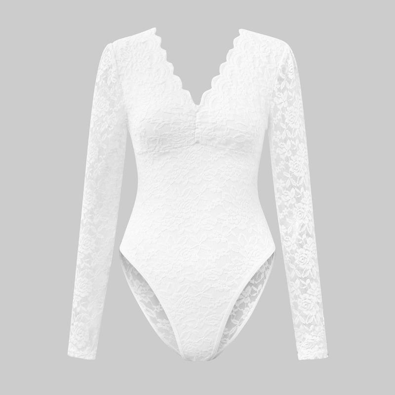White Lace V Neck Long Sleeve Bodysuit For Women S белый