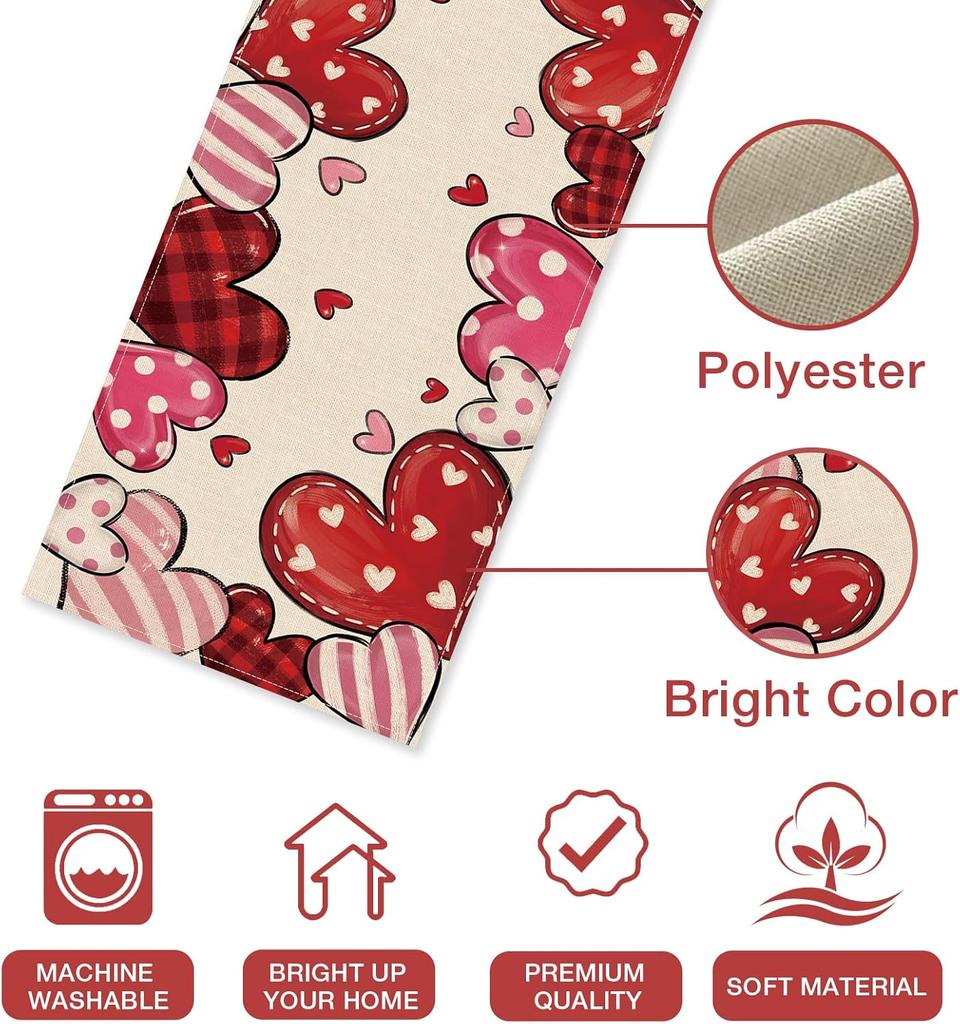Valentine's Day Pink Red Love Hearts Table Runner Table Decor Reusable Kitchen Dining Table Runner Wedding Party Decorations