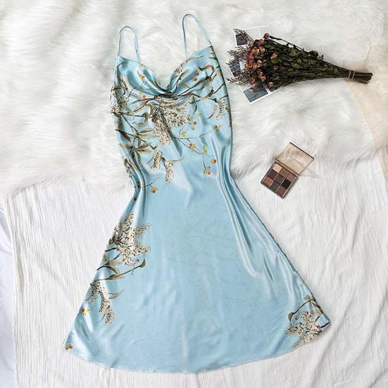 Sommer Frauen Nachthemd V Hals Seidige Satin Ärmelloses Drucken Spaghetti Strap