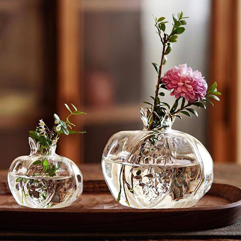 Unique Shape Transparent Pomegranate Glass Vase Red Decorative Hand-Blown Glass Vase Hydroponic Flower Vase Desktop Ornament
