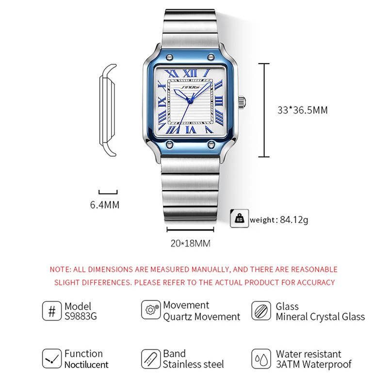 SINOBI Casual Design Men's Quartz Watches Fashion Stainless Steel Man's Wristwatches Business Square Clock