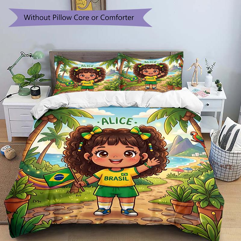 3pcs Brazilian Girl Adventure Bedding Set, Includes One Quilt Cover and Two Pillowcases, Bedroom and Guest Room Decoration. T7231155