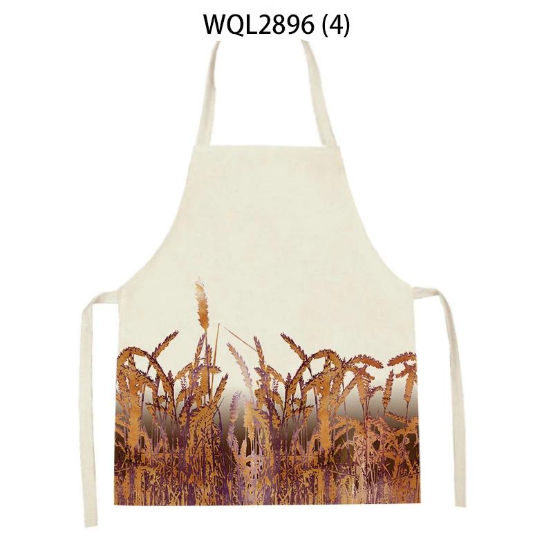 Plants Printed Kitchen Aprons Men Women Cooking Cleaning Aprons Wheat Flowers Pattern Linen Waist Apron Baking Accessories