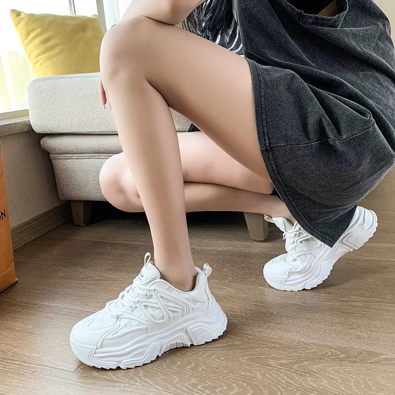 Summer and autumn new thick-soled mesh shoes women's lace-up low-top sports and leisure white shoes