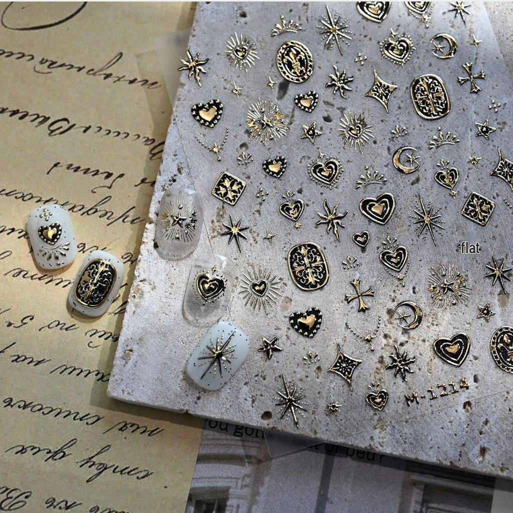 Gothic Starburst Metal Nail Art Stickers – Spicy Gold & Silver Stars, Hearts, and Crosses for DIY Nails
