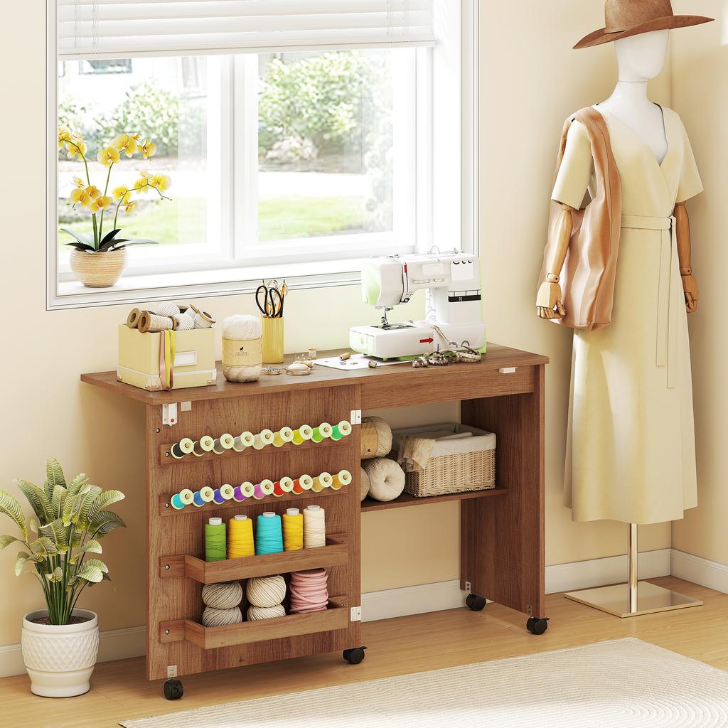 Folding Sewing Table, Rolling Craft Table with Storage compartments, Shelf and Lockable Casters for Small Spaces, Brown